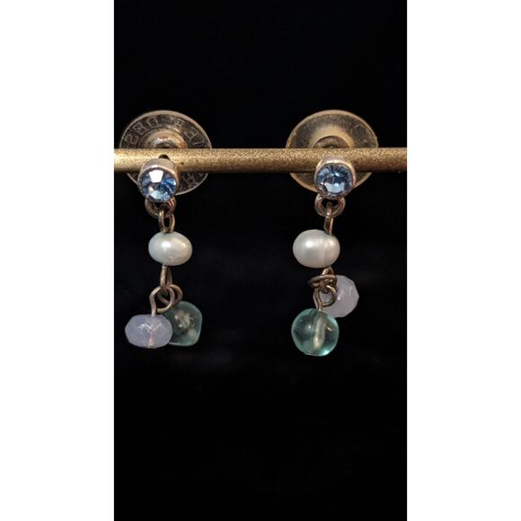 Blue Crystal Pearl Bead Dangle Post Earrings - Picture 4 of 4